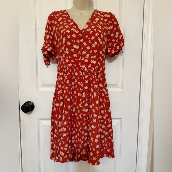 Madewell Happy Hibiscus Button Front Mini Dress Red Floral Size 10 - Picture 4 of 16